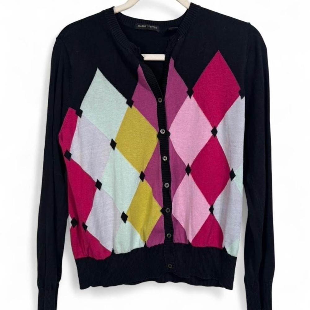 Valerie Stevens Y2K black & pink argyle‎ silk cotton mix cardigan Size XL